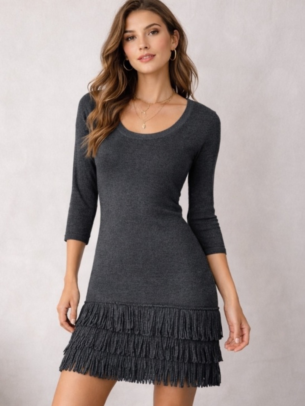 Calvin Klein Charcoal Gray Fringe Hem Knit Dress - Size S
